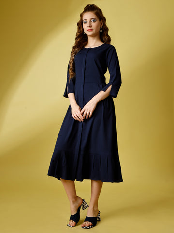 Navy Blue Party Wear Fit and Flare Western Dress With Round Neck and 3/4 Sleeve