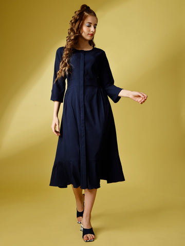 Navy Blue Party Wear Fit and Flare Western Dress With Round Neck and 3/4 Sleeve