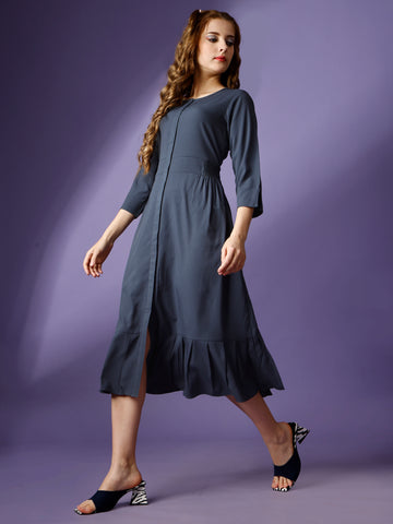 Grey Party Wear Fit and Flare Western Dress With Round Neck and 3/4 Sleeve