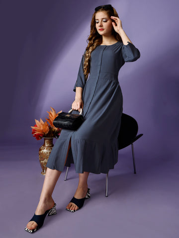 Grey Party Wear Fit and Flare Western Dress With Round Neck and 3/4 Sleeve