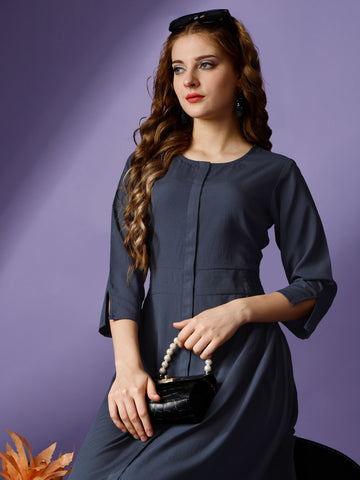 Grey Party Wear Fit and Flare Western Dress With Round Neck and 3/4 Sleeve