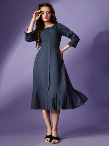 Grey Party Wear Fit and Flare Western Dress With Round Neck and 3/4 Sleeve