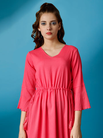 Peach Party Wear Fit and Flare Western Dress With V-Neck and 3/4 Sleeve