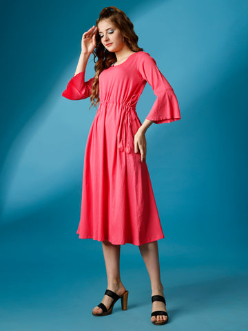 Peach Party Wear Fit and Flare Western Dress With V-Neck and 3/4 Sleeve