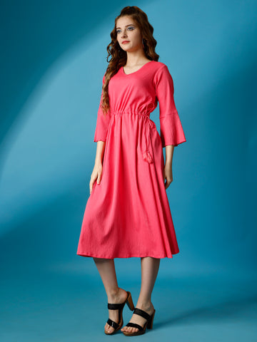 Peach Party Wear Fit and Flare Western Dress With V-Neck and 3/4 Sleeve