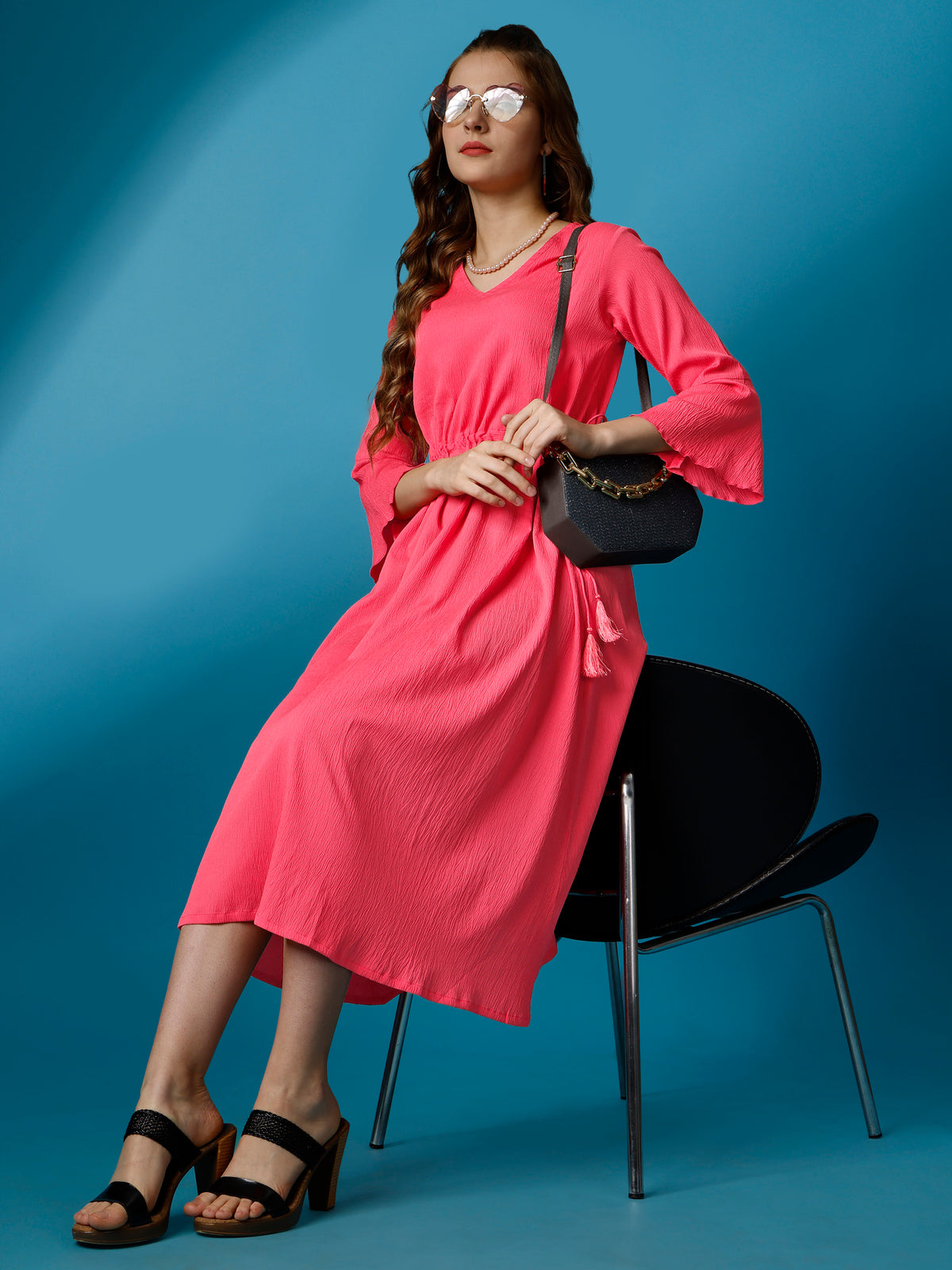 Peach Party Wear Fit and Flare Western Dress With V-Neck and 3/4 Sleeve