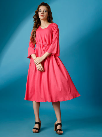 Peach Party Wear Fit and Flare Western Dress With V-Neck and 3/4 Sleeve