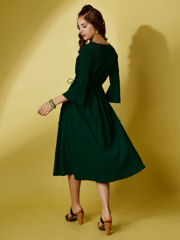 Bottle Green Party Wear Fit and Flare Western Dress With V-Neck and 3/4 Sleeve