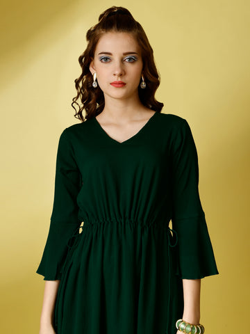 Bottle Green Party Wear Fit and Flare Western Dress With V-Neck and 3/4 Sleeve