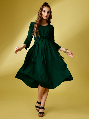 Bottle Green Party Wear Fit and Flare Western Dress With V-Neck and 3/4 Sleeve