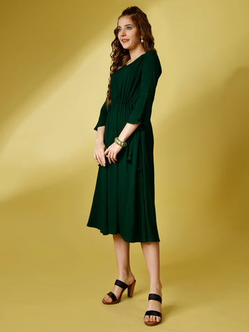 Bottle Green Party Wear Fit and Flare Western Dress With V-Neck and 3/4 Sleeve