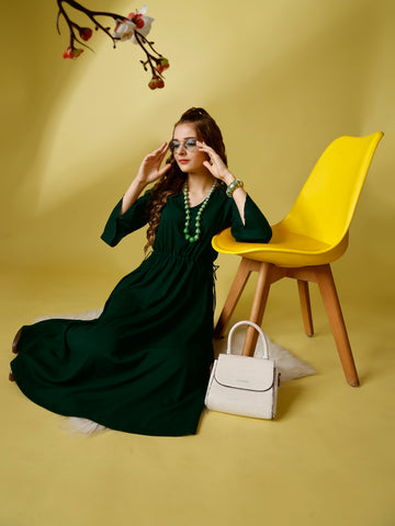 Bottle Green Party Wear Fit and Flare Western Dress With V-Neck and 3/4 Sleeve