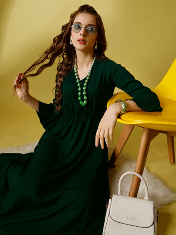 Bottle Green Party Wear Fit and Flare Western Dress With V-Neck and 3/4 Sleeve