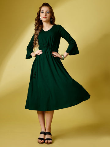 Bottle Green Party Wear Fit and Flare Western Dress With V-Neck and 3/4 Sleeve