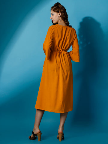 Mustard Party Wear Fit and Flare Western Dress With V-Neck and 3/4 Sleeve