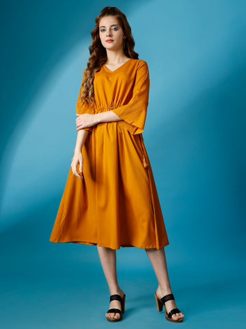 Mustard Party Wear Fit and Flare Western Dress With V-Neck and 3/4 Sleeve