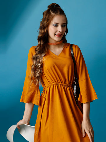 Mustard Party Wear Fit and Flare Western Dress With V-Neck and 3/4 Sleeve