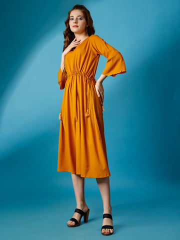 Mustard Party Wear Fit and Flare Western Dress With V-Neck and 3/4 Sleeve