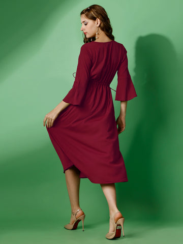 Maroon Party Wear Fit and Flare Western Dress With V-Neck and 3/4 Sleeve