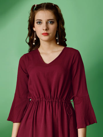 Maroon Party Wear Fit and Flare Western Dress With V-Neck and 3/4 Sleeve