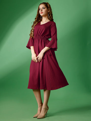 Maroon Party Wear Fit and Flare Western Dress With V-Neck and 3/4 Sleeve