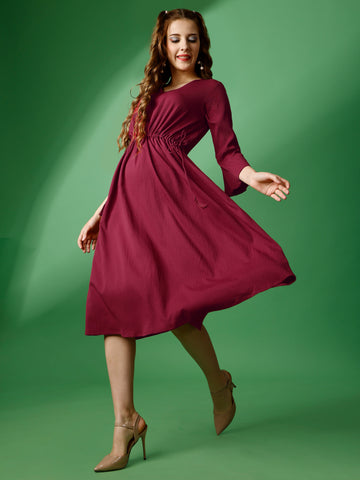 Maroon Party Wear Fit and Flare Western Dress With V-Neck and 3/4 Sleeve