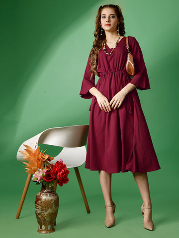 Maroon Party Wear Fit and Flare Western Dress With V-Neck and 3/4 Sleeve