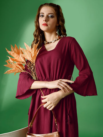 Maroon Party Wear Fit and Flare Western Dress With V-Neck and 3/4 Sleeve