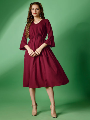 Maroon Party Wear Fit and Flare Western Dress With V-Neck and 3/4 Sleeve