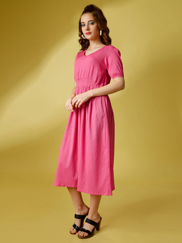 Baby Pink Party Wear Fit and Flare Western Dress With V-Neck and Half Sleeve