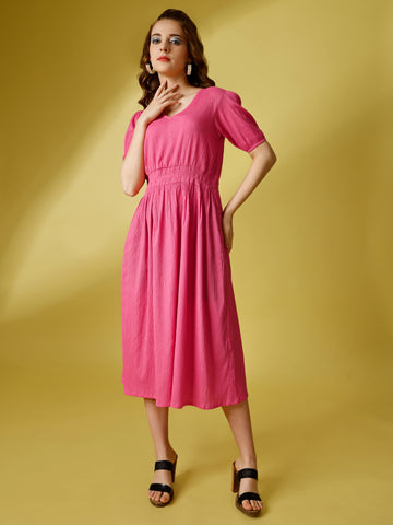 Baby Pink Party Wear Fit and Flare Western Dress With V-Neck and Half Sleeve