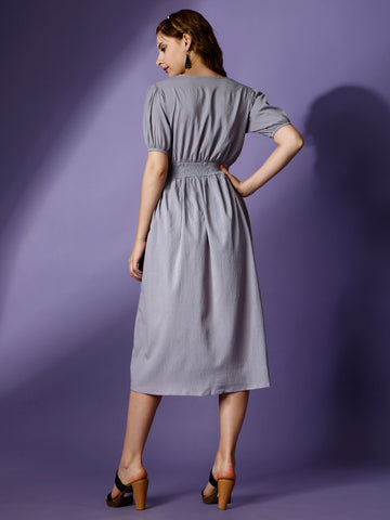 Grey Party Wear Fit and Flare Western Dress With V-Neck and Half Sleeve