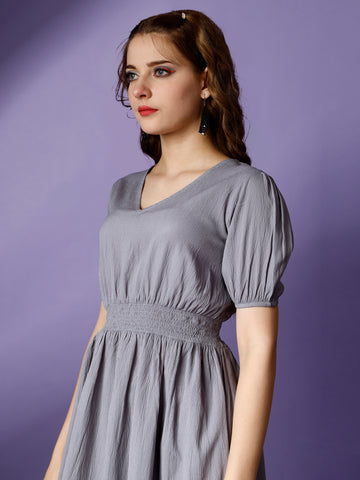 Grey Party Wear Fit and Flare Western Dress With V-Neck and Half Sleeve