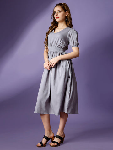 Grey Party Wear Fit and Flare Western Dress With V-Neck and Half Sleeve