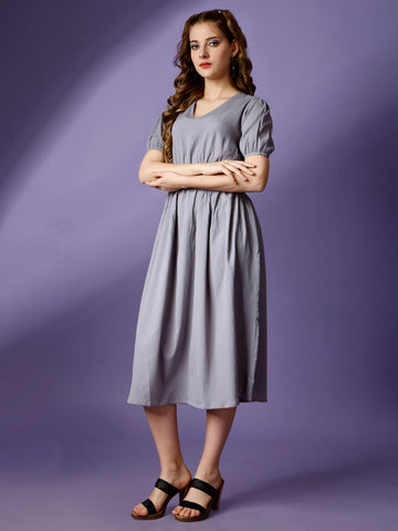 Grey Party Wear Fit and Flare Western Dress With V-Neck and Half Sleeve