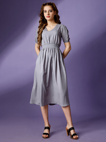 Grey Party Wear Fit and Flare Western Dress With V-Neck and Half Sleeve