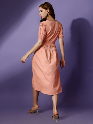 Peach Party Wear Fit and Flare Western Dress With V-Neck and Half Sleeve