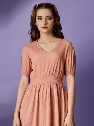 Peach Party Wear Fit and Flare Western Dress With V-Neck and Half Sleeve