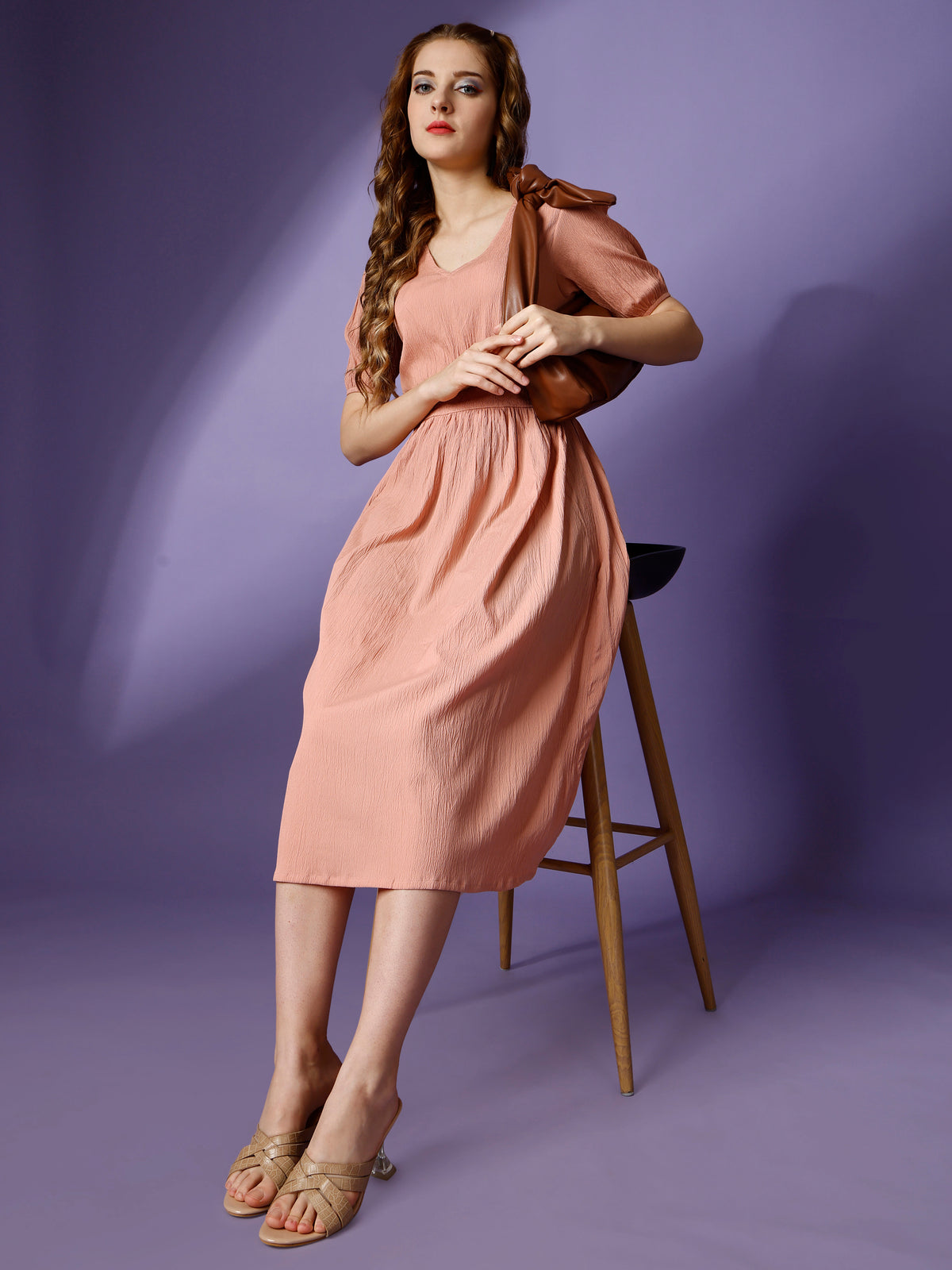 Peach Party Wear Fit and Flare Western Dress With V-Neck and Half Sleeve