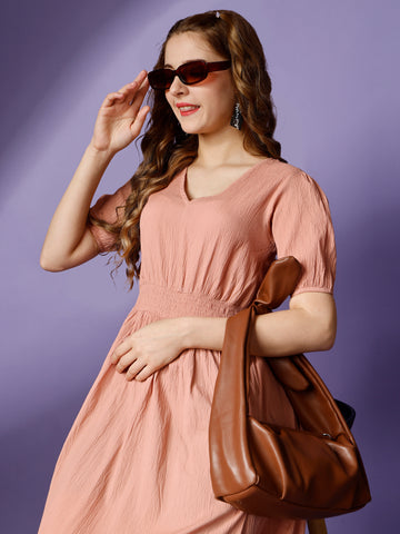 Peach Party Wear Fit and Flare Western Dress With V-Neck and Half Sleeve