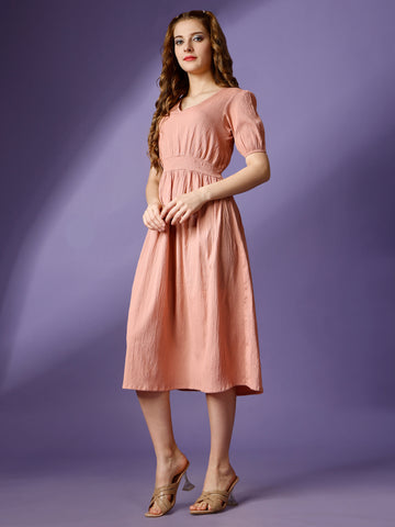 Peach Party Wear Fit and Flare Western Dress With V-Neck and Half Sleeve