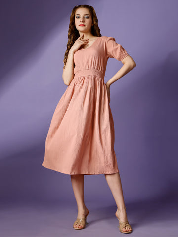 Peach Party Wear Fit and Flare Western Dress With V-Neck and Half Sleeve