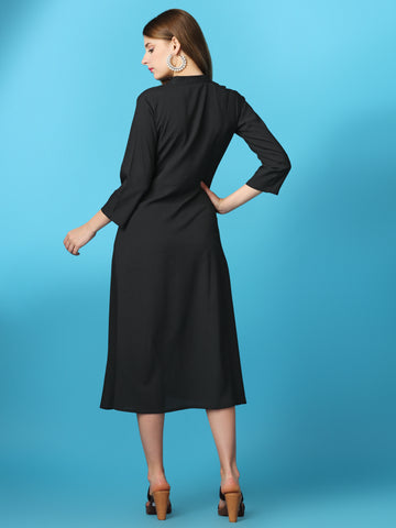 Black Party Wear Fit and Flare Western Dress With Collar Neck and 3/4 Sleeve