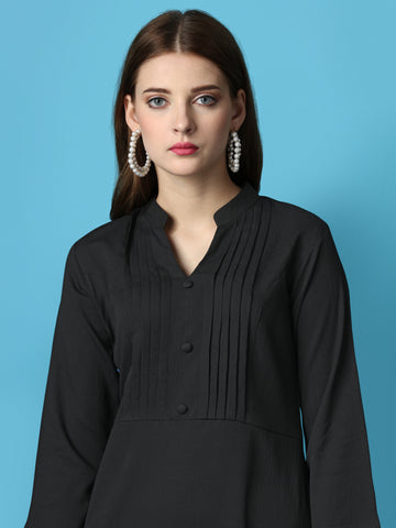 Black Party Wear Fit and Flare Western Dress With Collar Neck and 3/4 Sleeve