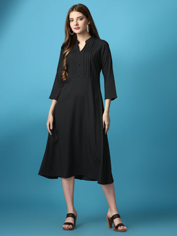 Black Party Wear Fit and Flare Western Dress With Collar Neck and 3/4 Sleeve