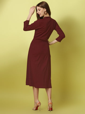 Maroon Party Wear Fit and Flare Western Dress With Collar Neck and 3/4 Sleeve