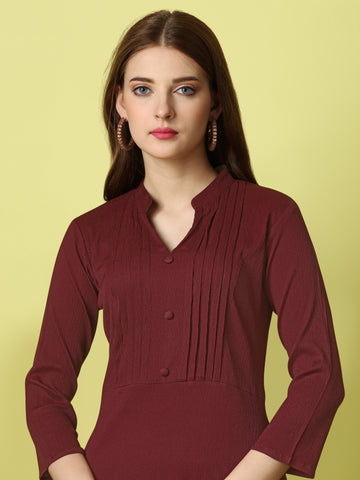 Maroon Party Wear Fit and Flare Western Dress With Collar Neck and 3/4 Sleeve