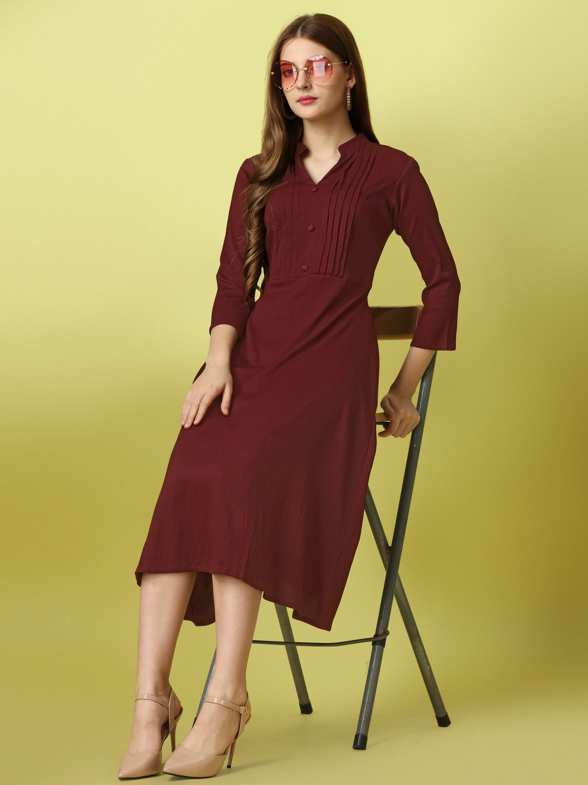 Maroon Party Wear Fit and Flare Western Dress With Collar Neck and 3/4 Sleeve