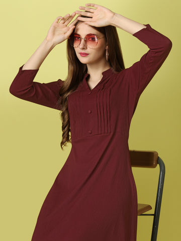 Maroon Party Wear Fit and Flare Western Dress With Collar Neck and 3/4 Sleeve