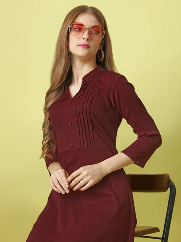 Maroon Party Wear Fit and Flare Western Dress With Collar Neck and 3/4 Sleeve